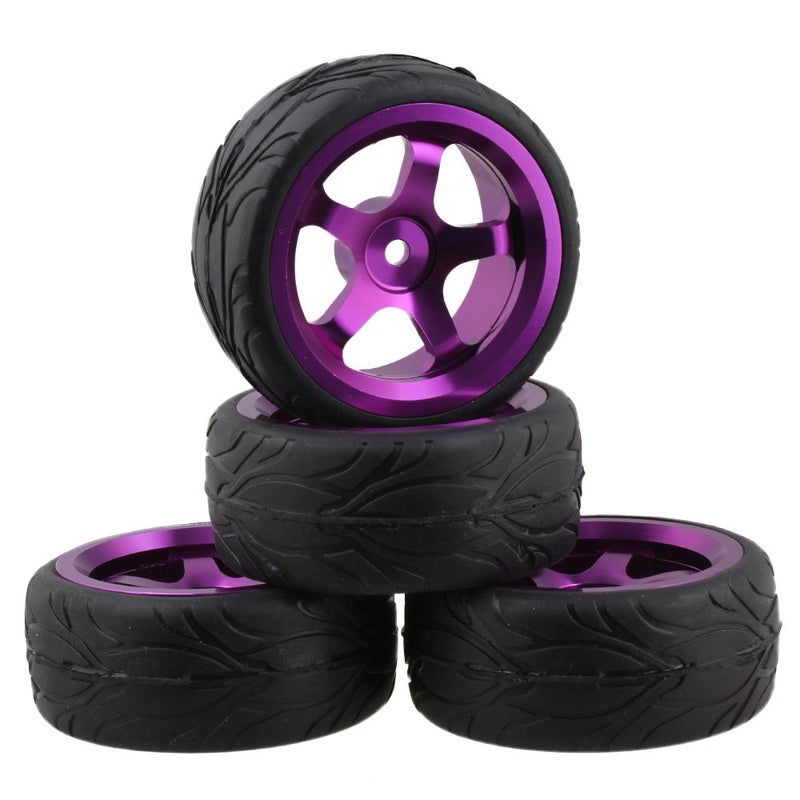 Mxfans Black Scale Pattern Rubber Tyre and Purple Alloy Wheel Rims with 5 Spoke for RC 1:10 On-Road Racing Car Pack of 4 - Image 1